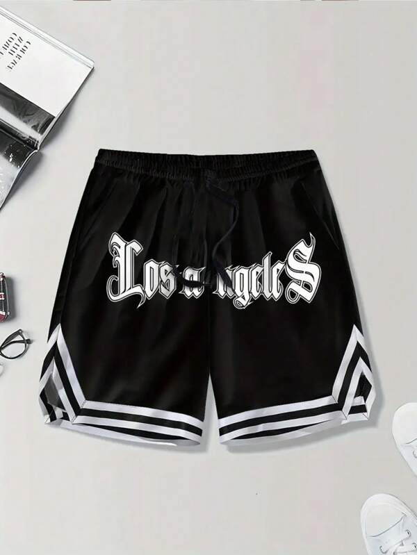 Boy's Casual Sports Shorts - Stylish Polyester Basketball Shorts With Pockets, Black With White "Los Angeles" Lettering, Loose Fit Suitable For Outdoor Sports And Daily Wear, Fashionable Sportswear | Durable Fabric