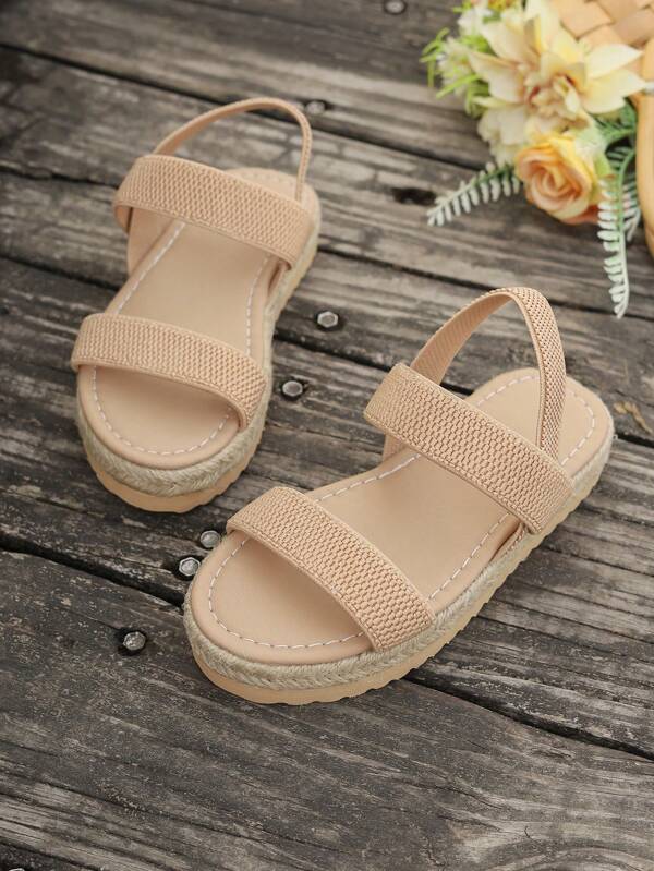 Kids' Comfortable Hemp Rope Thick Sole Elastic Sandals, Slip-On Flat Elastic Sandals, Suitable For Students To Wear In Summer