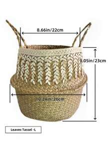 1 pieza Cesta de plantador de paja de mar tejida a mano - Maceta plegable para interiores/exteriores, decoración del hogar bohemia. Cesta de plantador de paja de mar, Cesta de paja de mar con flecos, Cesta de planta plegable, Plantador de paja de mar