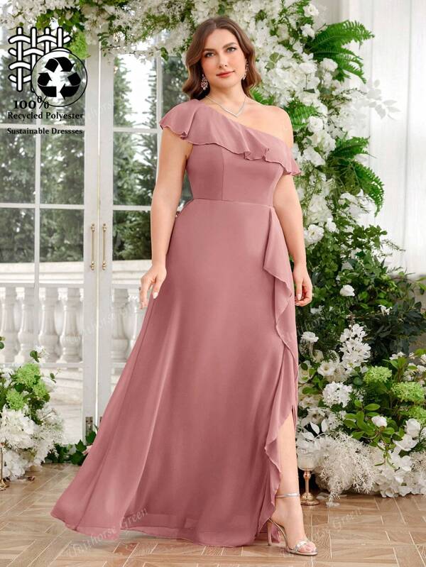 UNITHORSE UNITHORSE Plus Size Polyester Asymmetrical Shoulder Lace Trim Slimming Waist Maxi Dress With Side Slit Large Flounce Evening Gown,Bridesmaid Dress