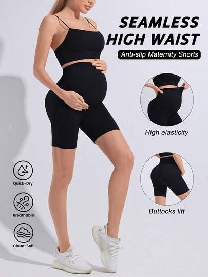 Pregnant Women's Seamless Solid Color High Waist Ribbed Waistband Non-Slipping Leggings, Basics Fitted Sports Shorts