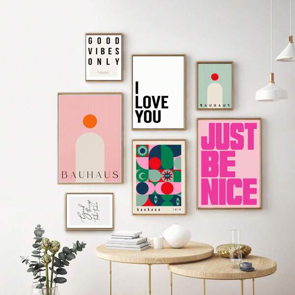 1/3Pcs Inspirational Quotes Good Vibes Only Posters Just Be Nice Bauhaus Retro Positive Energy Art Poster, Modern Wall Arts, Pink Minimalism Phrase Canvas Poster, Ideal Gift For Bedroom, Living Room, Corridor, Wall Art, Wall Decoration, Living Room Decoration Optional Frame, Wall Art With Frame