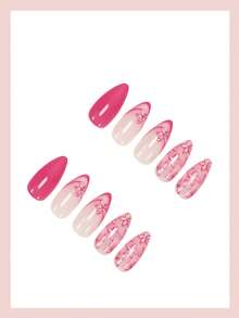 24片中号杏仁形美甲贴纸，粉色法式美甲，花卉图案，时尚全覆盖，适合女性和女孩日常佩戴，夏季美甲