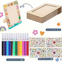 Set de 21 piezas de kit de manualidades para pintar marcos de fotos DIY, artesanía manual de madera DIY, productos colaborativos para parejas y familias. Un gran regalo de cumpleaños que incluye 5 marcos de fotos de madera sin terminar, 12 rotuladores de acuarela miniatura y 4 pegatinas de diamantes de cristal para marcos de fotos DIY - Adecuado para todas las estaciones y festividades.
