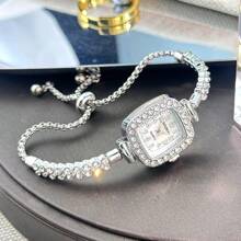 1 pièce Montre à quartz analogique de petite taille pour femme avec double rang de cristaux, chaîne de tirage, échelle numérique arabe, à la mode