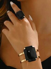 1 Set Fashion Half-Piece Bangle & Ring Jewelry Set For Women - C Black - View 4