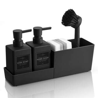 哑光黑色厨房皂液器套装，带刷子和海绵架，适用于厨房水槽液体皂液器、洗碗皂液器