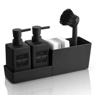 Mattschwarzer Küchenseifenspender-Set mit Bürste und Schwammhalter, geeignet für Flüssigseife am Küchenspülbecken, Geschirrspülmittelspender