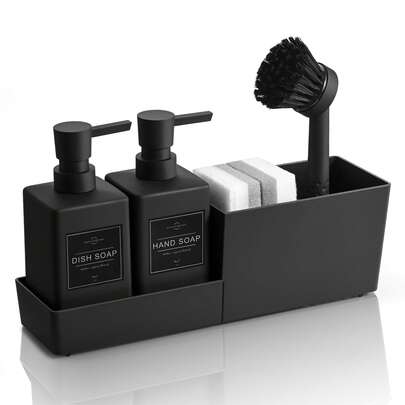 Mattsvart kökstvåldispenserset med borste och svamphållare, lämplig för diskbänk flytande tvål, diskmedelsdispenser köksartiklar kökstillbehör köksredskap