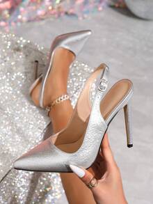 Sexy Fashion Silver Pointed Toe 11.2cm High Heel Casual Versatile Ankle Strap Women Pumps, Suitable For Summer, Elegant,Elegant,Party Outfits - Silver - View 4