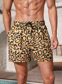 Yemwry Pantaloncini larghi da uomo con stampa leopardata e coulisse in vita