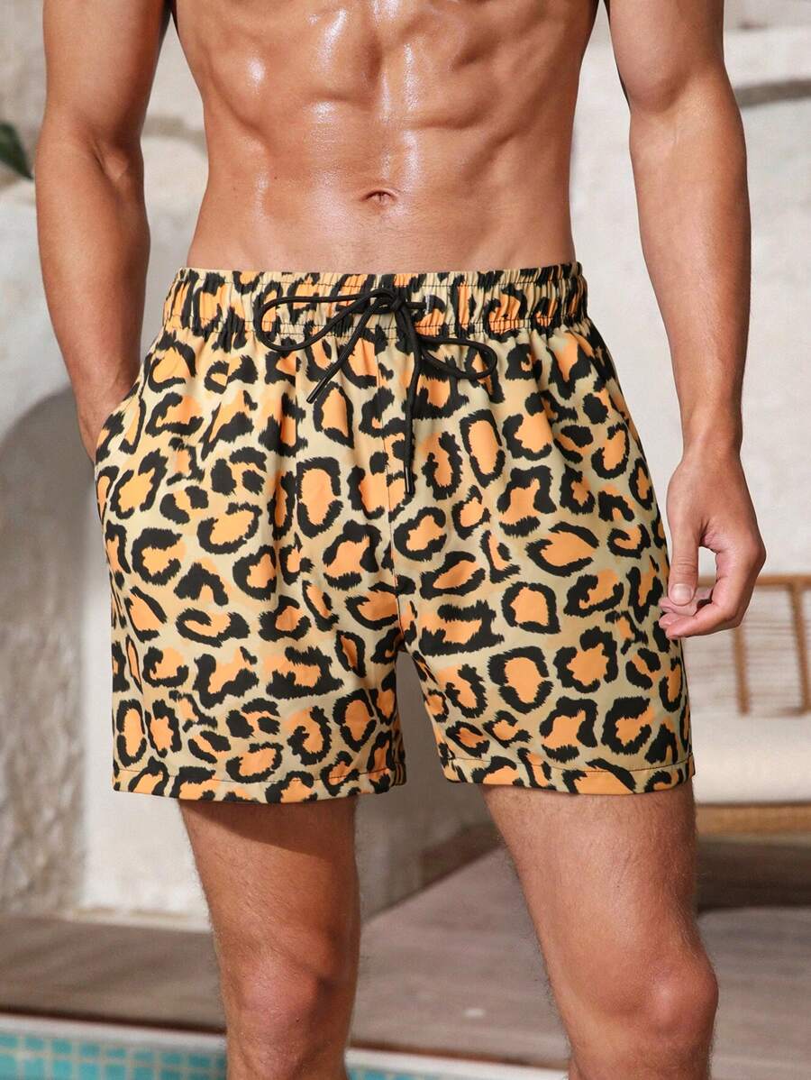 Yemwry Pantaloncini larghi da uomo con stampa leopardata e coulisse in vita