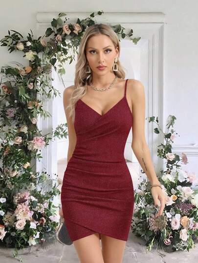 Missufe Women Burgundy Elegant Wrap Ruched Spaghetti Straps Tight Glitter Cami Dress, Party Bodycon Sexy Mini Shimmering Dress, Wedding Guest Cocktail Dress