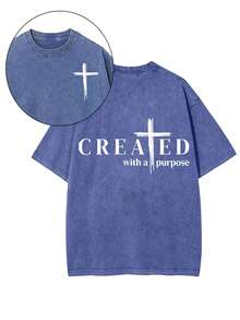 1 Piece, 230G Double-Sided Water Wash, CREAEDWITHAPURPOSSE Travel Sports1 Piece, Washed Printed T-Shirt 230g, High-Quality Batik Cotton Retro Fashion Brand T-Shirt, A Certain Thickness Suitable For Summer T-Shirts, Holiday Gifts. - Xanh đậm - Xem 1