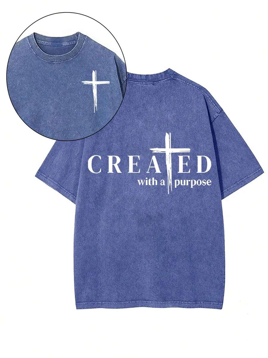 1 Piece, 230G Double-Sided Water Wash, CREAEDWITHAPURPOSSE Travel Sports1 Piece, Washed Printed T-Shirt 230g, High-Quality Batik Cotton Retro Fashion Brand T-Shirt, A Certain Thickness Suitable For Summer T-Shirts, Holiday Gifts. - Xanh đậm - Xem 1