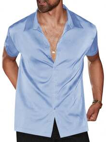 Runcati Mens Luxury Satin Silk Dress Shirts Casual Button Down Short Sleeve Prom Party Wedding Shirt - 藍色 - 查看 3