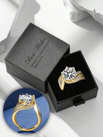 5 克拉奢华闪亮方晶锆石微镶戒指，礼盒装，适合女性婚礼、订婚和节日礼物