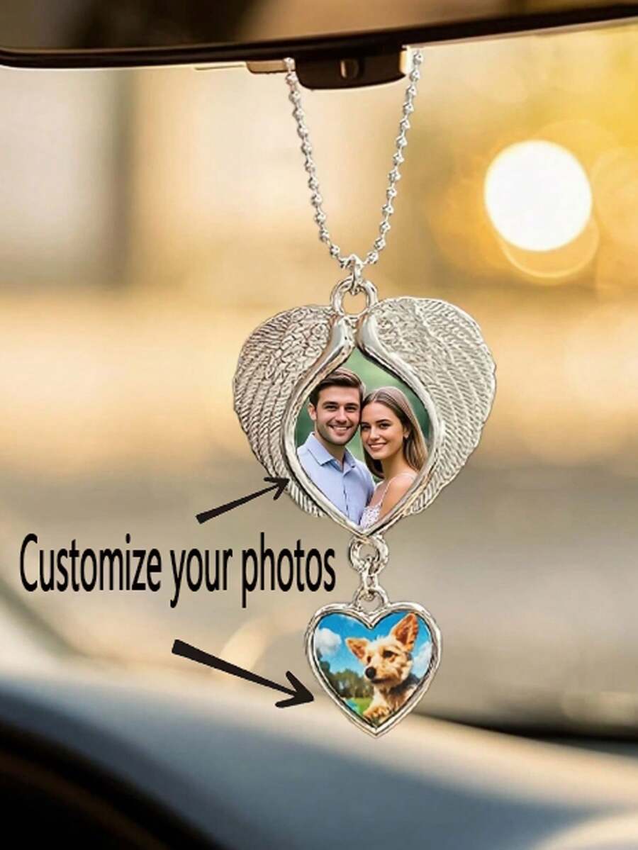 1 pieza Colgante de espejo retrovisor de coche con alas de ángel y foto personalizada - Multicolor - Ver 1