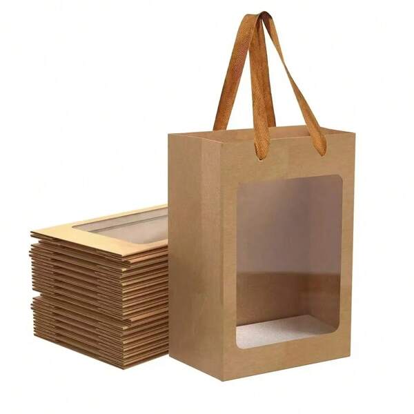 Brown 5-Piece/10piece/Set Window Bag, Gift Bag, Birthday Gift Paper Bag, Holiday Party Kraft Paper Outer Packaging Bag, Vertical Window Paper Bag, Party Supplies, Wedding, Bag, Birthday, Party, Party Decoration, Bride, Wedding, Bachelor Party, Bridesmaid Bag, Bride Gift