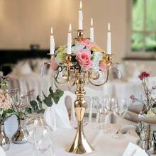 20.3'' Tall 5 Arm Gold Candelabra Centerpiece For Table, Metal &Crysyal Candle Holder, Retro Candelabra/Candlestick Table Centerpieces For Party, Events, Home, Wedding Decor (1pc, Gold)