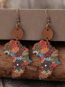1 Pair New African Cultural Map Wooden Earrings, Retro Style Earrings For Women - Multicolor - View 1