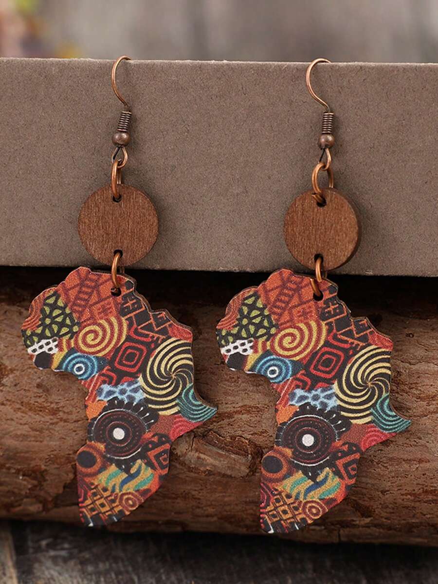 1 Pair New African Cultural Map Wooden Earrings, Retro Style Earrings For Women - Multicolor - View 1