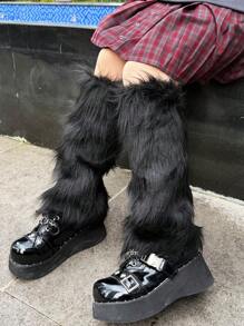 1 Pair Black Solid Color Fuzzy Faux Fur Leg Warmers, Y2K Style, All Seasons