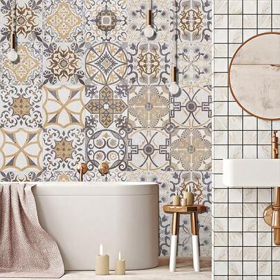 20 件复古花卉图案即撕即贴瓷砖贴纸 - 防水、防油 PVC，易于粘贴和去除，适用于厨房和浴室后挡板、方形、室内使用、浴室墙贴个性化贴纸