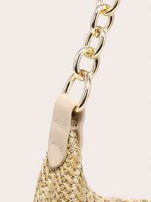 Women's Underarm Shoulder Bag, Square Metal Chain Bag, Large Capacity, Lightweight, Casual & Fashionable Beach Vacation Style, Suitable For Shopping And Vacation - Khaki - View 5