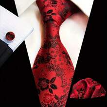 3 Piece Set: 8cm Floral & Patterned Necktie, Handkerchief, And Cufflinks Men's Necktie Set, High Quality Classic Business & Casual Tie Set, Men's Wedding Accessories, Family, Christmas, Party Gift
