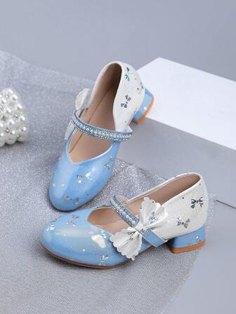 Zantong High Heels For Kids, Girls Blue Glossy High Heels For Girls, Bow Dance Performance Shoes, Event Party Wedding Flower Girl Low Heels For Girls, (Kids/Teens)