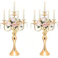 20.3'' Tall 5 Arm Gold Candelabra Centerpiece For Table, Metal &Crysyal Candle Holder, Retro Candelabra/Candlestick Table Centerpieces For Party, Events, Home, Wedding Decor (1pc, Gold)