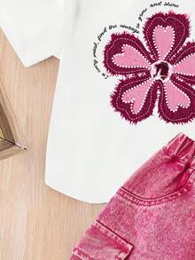 女童花朵刺绣短袖上衣和迷你裙两件套