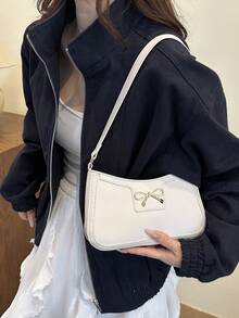 Bolso de hombro en forma de media luna elegante para mujeres, de moda informal y elegante, bolso axilar de unicolor - Blanco - Ver 13