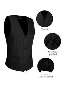 Men's Slim Fit Suit Vest Solid Color All-Season Wedding Ceremony Business Casual Formal Classic Waistcoat Groomsmen Vest For Men, Single Breasted Suit Vest Suitable For Daily Commuting Men's Daily Casual Going Out And Daily Wear - 黑色 - 查看 3