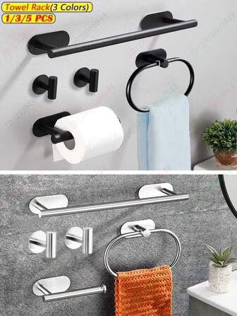 1pc Adhesive Towel Rack,3/5pcs Bathroom Hardware Accessories Set,Towel Bar,Towel Racks For Bathroom,Stainless Steel Towel Holder,Wall Mount Towel Hanger,Black Restroom Hand Towel Rod,Towel Holder For Bathroom Wall,Kitchen Towel Holder,No Drill Cabinet Towel Holder,Additiona Include Hooks,Toilet Paper Holder,Towel Ring,Bathroom Towel Rack,Shower Towel Stand,Rag Holder,Bathroom Decor,Silver,Gold,Waterproof,Bath Wall Shelf Rack