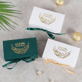 10PCS Eid Mubarak Decoration,Eid Al-Adha Favor Box With Ribbon Gift Bags Chocolate Candy Packaging,Wrapping Bag, Muslim Islamic Party Supplies