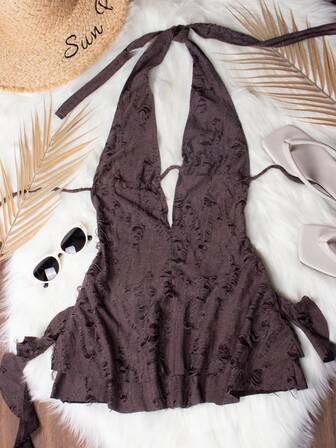 Deep V-Neck Backless Ripped Asymmetric Fashionable Sexy Mini Dress