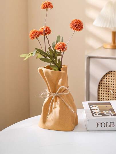 1PC Boho Farmho Linen Inspired Ceramic Like Plastic Vase Textured Surface, Home Centerpiece Wedding Ho warming Unisex Rustic Tabletop ation Room Flower Glass view 6