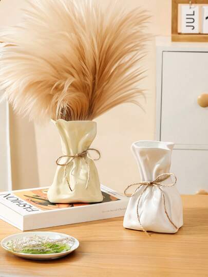 1PC Boho Farmho Linen Inspired Ceramic Like Plastic Vase Textured Surface, Home Centerpiece Wedding Ho warming Unisex Rustic Tabletop ation Room Flower Glass view 2