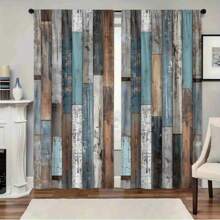 2pcs Polyester Retro Faux Wood Grain Print Light Filtering Curtains, Suitable For Bedroom, Living Room, Office And Home Decor, Rod Pocket Design, Fits Curtain Rod
