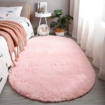 1pc Oval Bedroom Bedside Rug, Sofa/Coffee Table Mat, Simple Living Room Oval Tie-Dye Long Pile Carpet, Bedroom Bedside Mat, Dressing Room Decor Rug