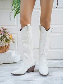 Women's Fashion Western Style White PU Leather Embroidered Chunky Heel Mid-Calf Boots, Pointed Toe Slip-On Classic Straight Shaft Boots, Suitable For Indoor, Outdoor, Party, Fit For Retro, Sexy, Casual, Elegant Styles - White - View 2