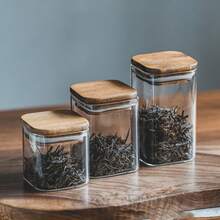 1 件长方形相思木盖玻璃容器，用于储存谷物、麦片、咖啡、密封保鲜罐