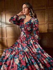 优雅 V 领灯笼袖花卉印花礼服花园派对礼服晚礼服、长袍、婚礼宾客礼服