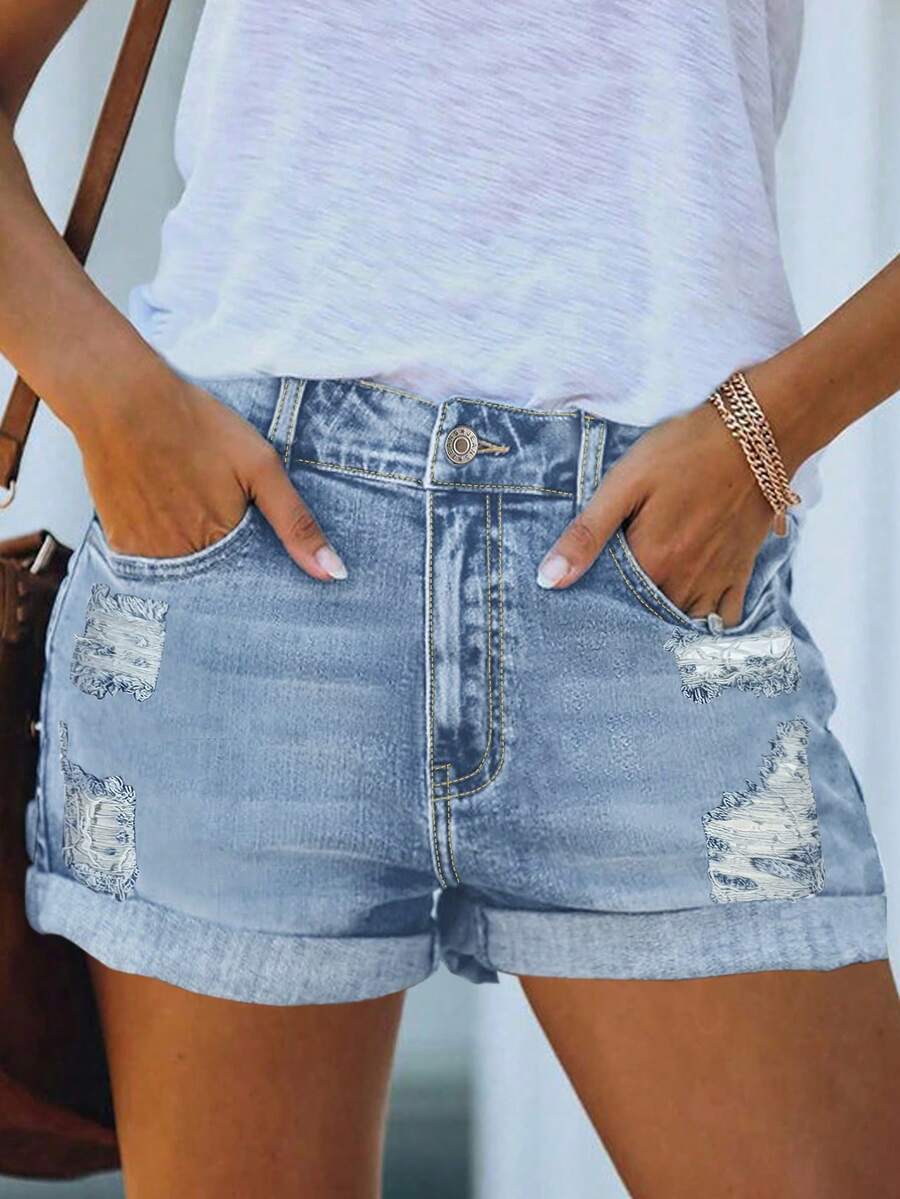 Women's Summer Mid Rise Ripped Denim Shorts Stretchy Butt Lifting Jean Shorts - 淺色水洗藍 - 查看 1