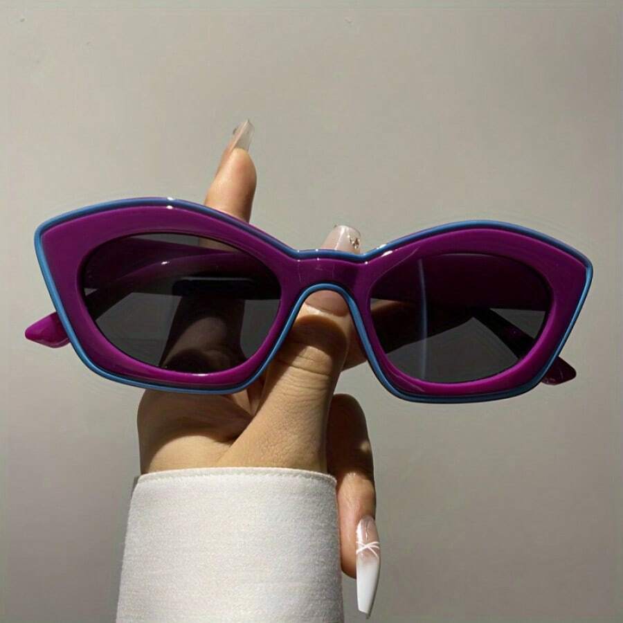 Vintage Classic Cat Eye Fashion Glasses Unisex - Purple Blue Gradient Lenses, Metal Hinges, Lightweight Decorative Style, Photography Essential,  Frame, Simple Design, Unique Shape, Must-Have For Fashion Lovers - 藍色和白色 - 查看 1