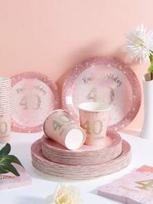 Set de 40 piezas de platos, servilletas y vasos de color rosa y dorado para fiesta de 40 cumpleaños, sirve a 25 invitados, vajilla desechable de papel para cumpleaños, boda, fiesta familiar, picnic - Multicolor - Ver 3