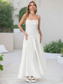 Women Long Dress Solid Color Spaghetti Strap Cami Dress Summer Fashion Sleeveless Casual Dress - 白色 - 查看 4