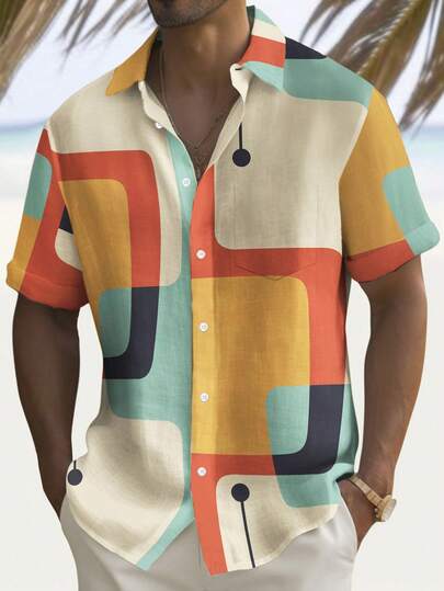 Retro 50-talsskjorta med geometriskt atomtryck och knappficka, kortärmad, plusstorlek